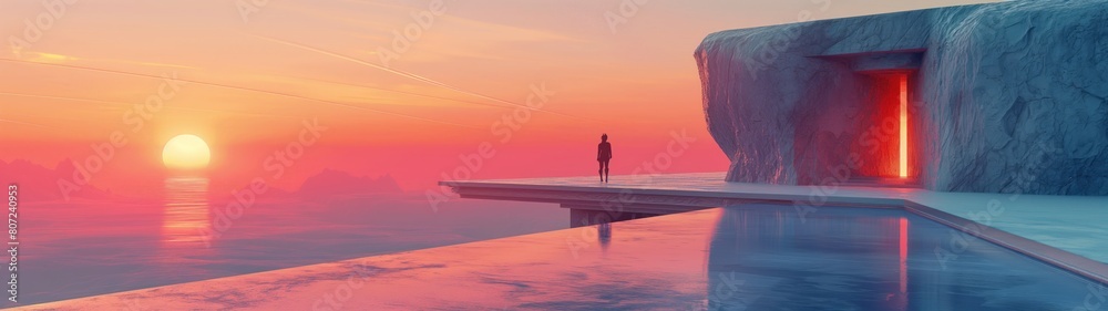 Fototapeta premium panoramic background for double screen or banner of a man stands on a ledge overlooking a body of water. The sky is a beautiful mix of pink and orange hues
