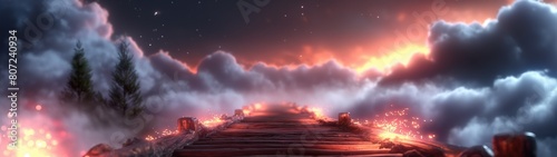 panoramic background for double screen or banner of a sky with clouds and a stairway to the sky with a burning fire
