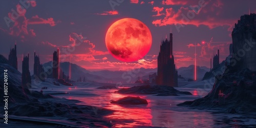 panoramic background for double screen or banner of a red moon is in the sky above a desolate landscape. The sky is filled with clouds and the moon is the only bright object in the scene photo