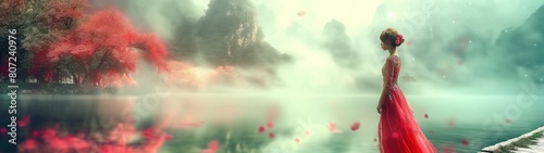 panoramic background for double screen or banner of a woman in a red dress stands in front of a lake. The water is calm and the sky is cloudy