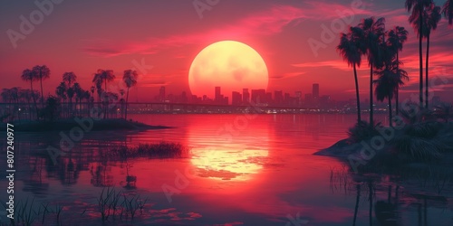 panoramic background for double screen or banner of a large red sun is in the sky above a city and a body of water. The sun is reflecting on the water