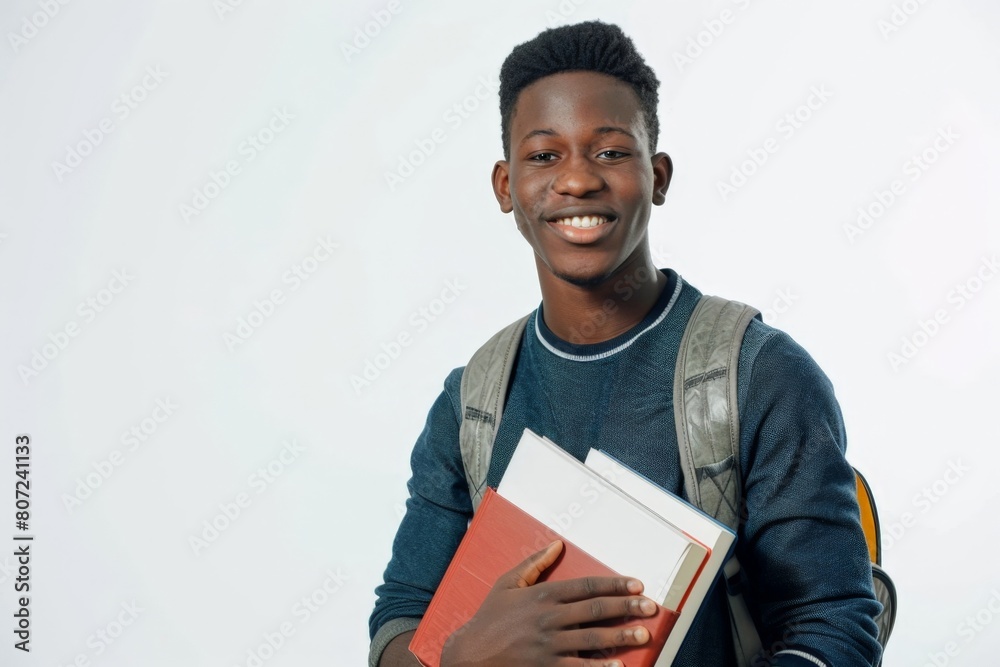 Smiling Young African Male Student with Backpack and Textbooks on White Background Smiling Young African Male Student with Backpack and Textbooks on White Background