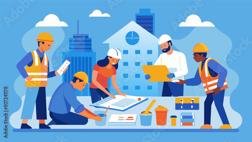 The blueprints sit atop a cluttered table with workers bustling around in the background each one a vital piece in the puzzle of the construction. Vector illustration
