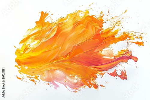 Abstract orange and yellow acrylic paint splashes isolated on white background