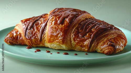  Blue plate holding a chocolate-drizzled croissant and sprinkled with chocolate chips