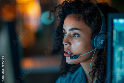 Focused curly-haired woman with headset