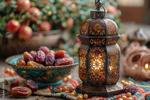 Ramadan Kareem concept, Ramadan Kareem lantern with dates fruit
