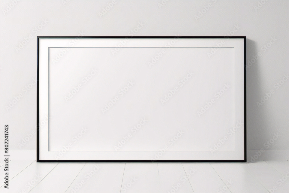 Minimales, leeres, quadratisches Bild mit weißem Rahmen, das auf einem weißen Wandhintergrund mit Fensterlicht und Schatten hängt. Bild isolieren Minimales, leeres, quadratisches Bild mit weißem Rahmen, das auf einem weißen Wandhintergrund mit Fensterlicht und Schatten hängt. Bild isolieren