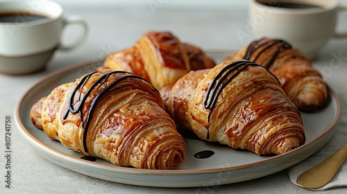  Croissants adorned with melted chocolate & served alongside a steaming cup of coffee