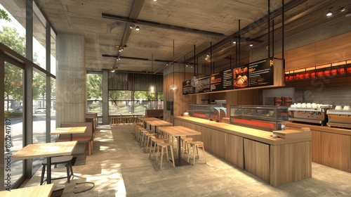 Modern, Spacious Cafe Interior with Natural Light and Stylish Wood Accents