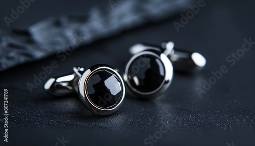 Stylish men s cufflinks with black stone on dark background men s fashion accessories close up photo