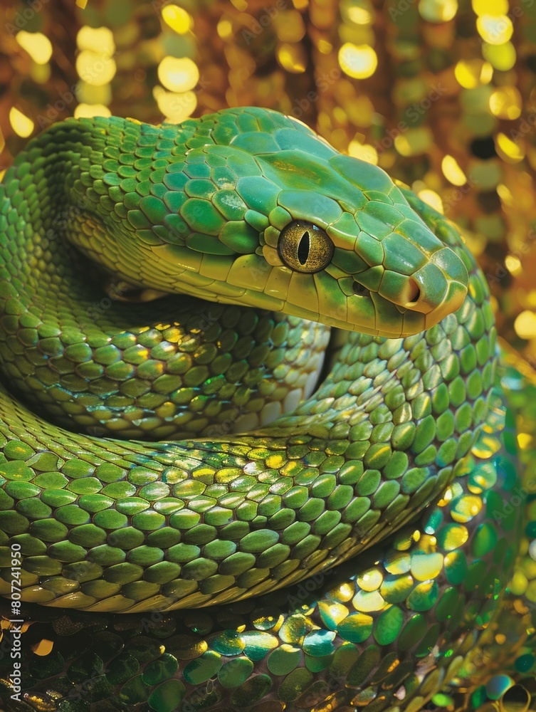 Fototapeta premium green snake on a background of gold sequins with space for text.