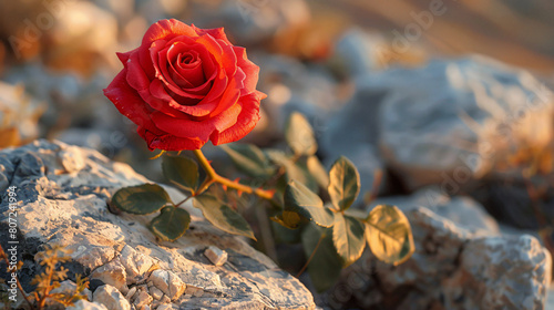 Red rose on the ruins of a house in Palestine
