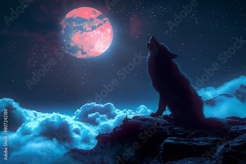 Wolf howling at the full moon in the night sky, rendering