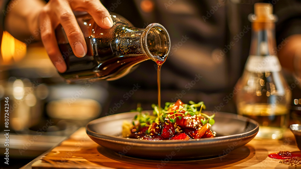 Chef prepare a secret sauce at restaurant . Chef prepare a secret sauce at restaurant .