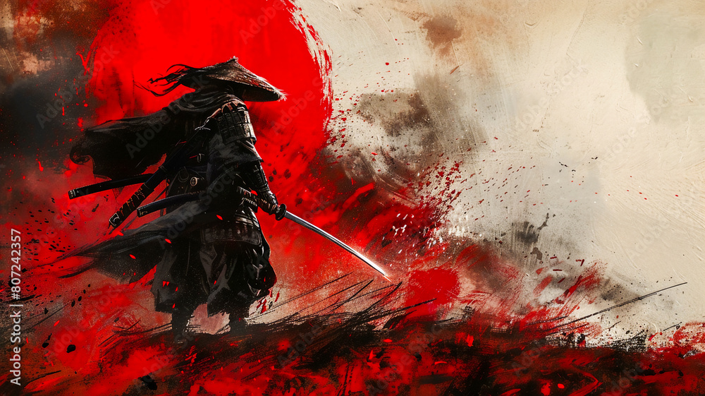Silhouette of samurai against a beautiful fantasy scene . Silhouette of samurai against a beautiful fantasy scene .