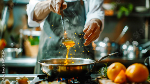 Chef prepare a secret sauce at restaurant .