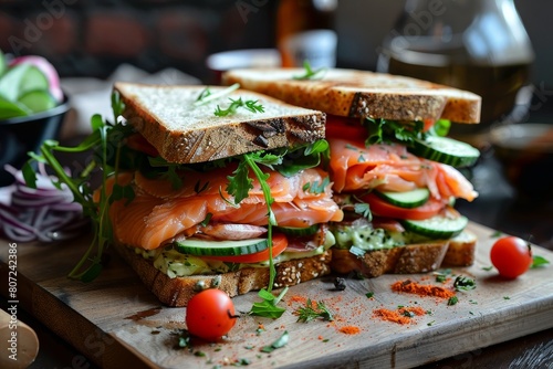Salmon and vegetable club sandwich