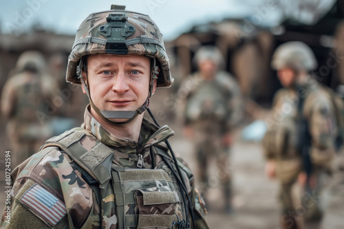a male soldier in military uniform with a helmet against the background other soldiers standing in the background,