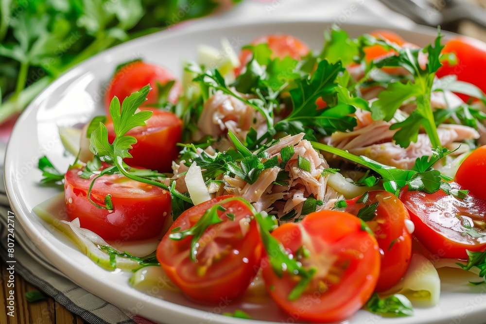Selective focus on Tomato Endive Tuna Salad Selective focus on Tomato Endive Tuna Salad