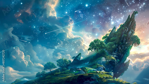 Fantasy starry sky with shooting star and mountain .