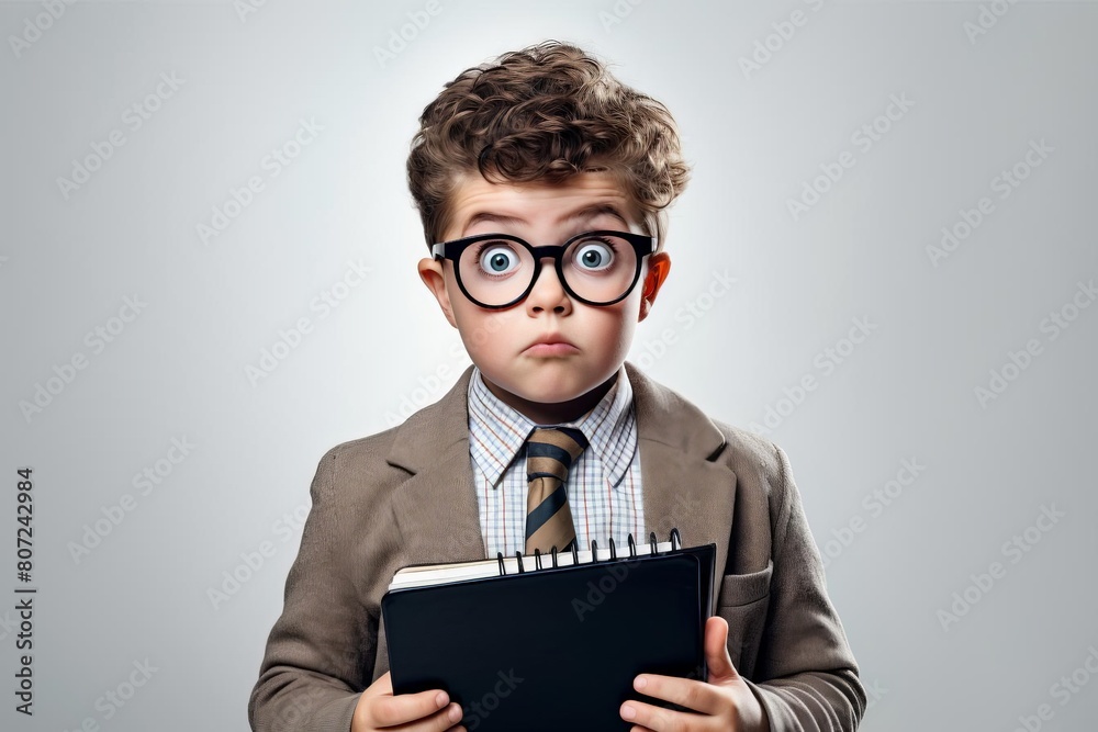 A young boy in a suit and glasses looks surprised while holding a notebook. A young boy in a suit and glasses looks surprised while holding a notebook.