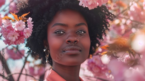 Portrait of an handsome black Afro American woman posing in front of a blooming cherry tree , close-up view of a cheerful beautiful African black middle aged female in an outdoor park hyper realistic 