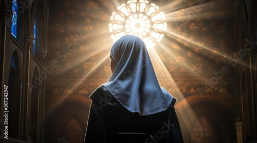 A nun stands in a church, her face hidden by her veil. The light from the stained glass window shines down on her, creating a halo around her head. She is wearing a brown robe. photo