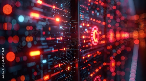 A glowing red circuit board with a futuristic design. The red lights are arranged in a grid pattern, and the board is covered in intricate patterns.