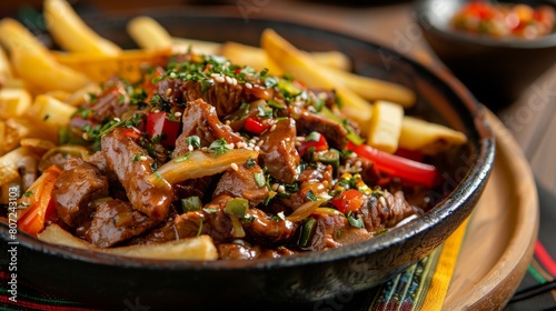 A dish of perun Lomo saltado with French fries is served on the table with a Peruvian towel.