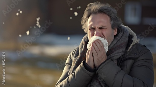 Man with a cold sneezing into a tissue. photo