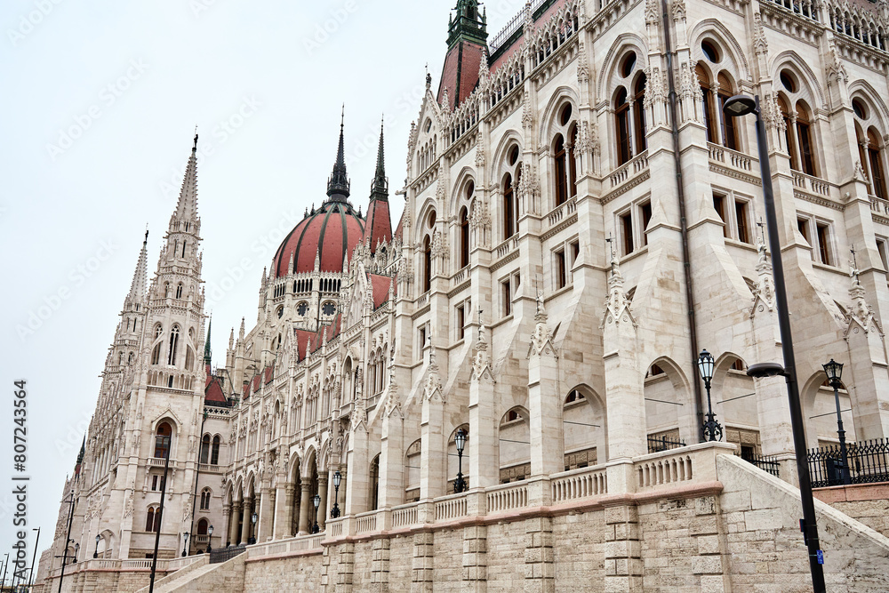 Hungarian Parliament. Famous landmark in Budapest. Detailed view of historical building