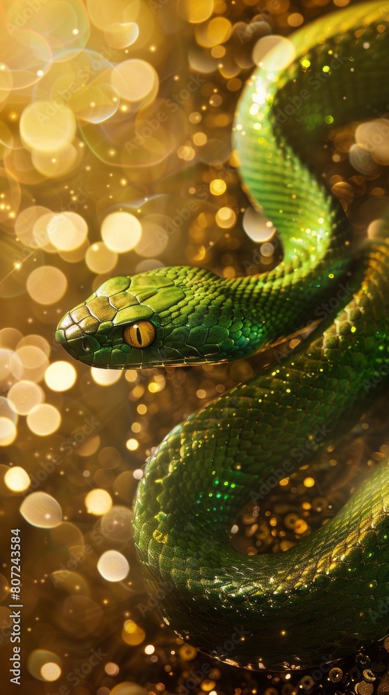 Fototapeta premium green snake on a background of gold sequins with space for text.