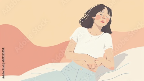 illustration of  young woman suffering from stomach ache on pastel background. photo