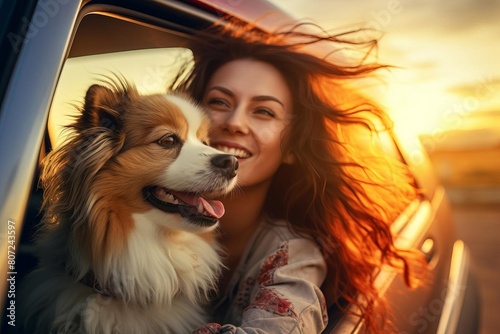 Young woman and her dog are enjoying the sunset in a car.
