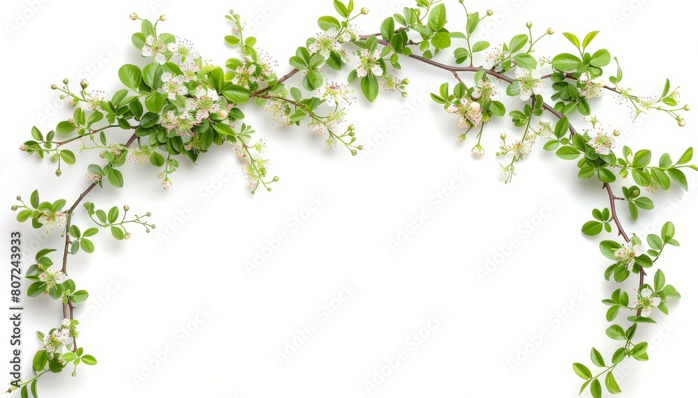 Springtime floral arch of spirea twigs leaves flowers and buds isolated on white Springtime floral arch of spirea twigs leaves flowers and buds isolated on white