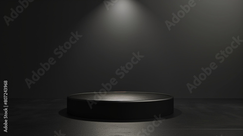 Spotlight Your Product: A Sleek Black Podium Stands on a Dark Background, Ready to Showcase Your Items. 3D Rendering Available