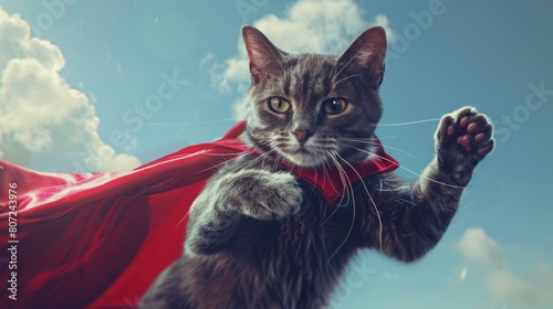 Superhero cat with red cape flying in the air and flexing muscles hyper realistic 