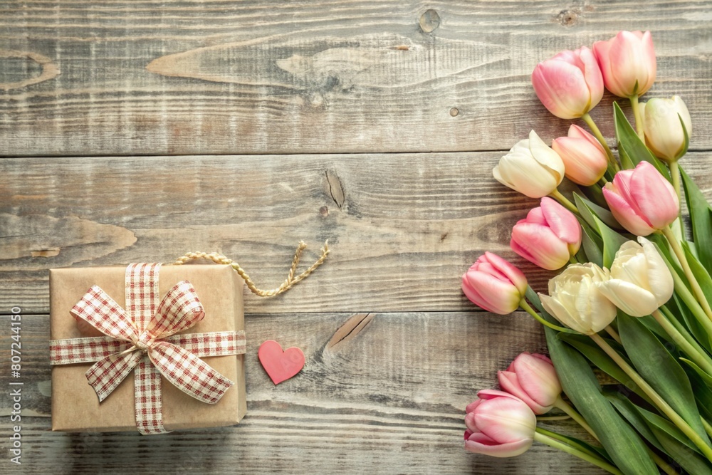 A postcard, a banner for Mother's Day with pink flowers, hearts on a vintage gray wooden background. A postcard, a banner for Mother's Day with pink flowers, hearts on a vintage gray wooden background.