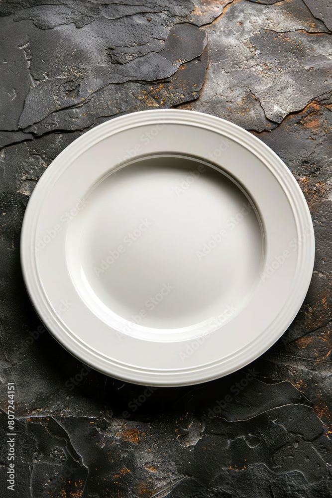 Simple white dinner plate on a textured dark stone countertop, spotlighting the plate for culinary branding or decorative art Simple white dinner plate on a textured dark stone countertop, spotlighting the plate for culinary branding or decorative art