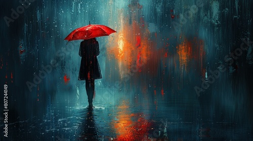   A woman holds a red umbrella in a dark and eerie setting photo