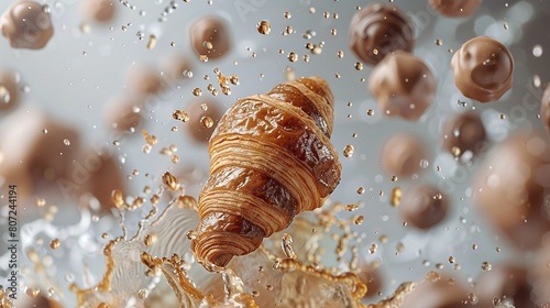   A croissant falls into water with many bubbles beside it and is positioned prominently in the image photo