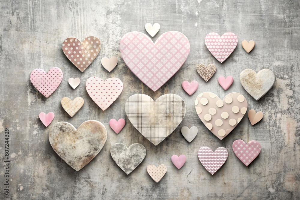 Obraz premium A postcard, a banner for Mother's Day with pink flowers, hearts on a vintage gray wooden background.