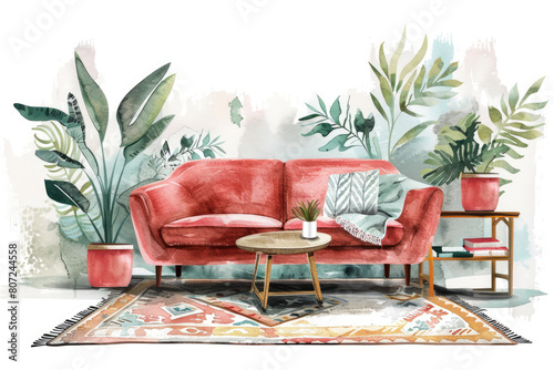 Decor Scene, Cozy living room with houseplant and sofa. Watercolor illustration