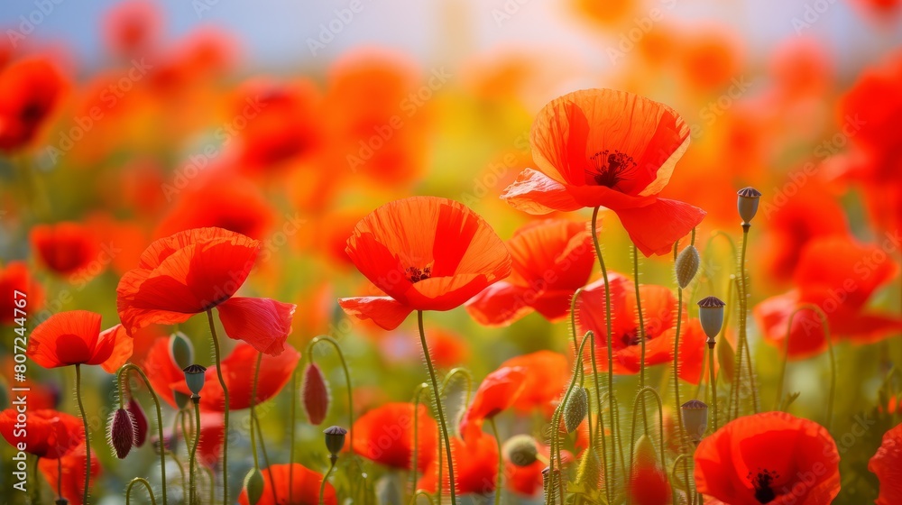 Obraz premium Beautiful closeup of poppies poppy Papaver rhoeas flowers in nature. Natural spring summer landscape with red poppies