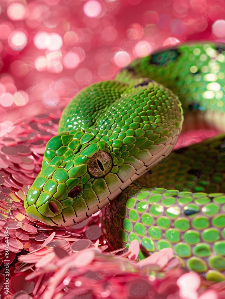 Fototapeta premium green snake on a background of pink sequins with space for text.