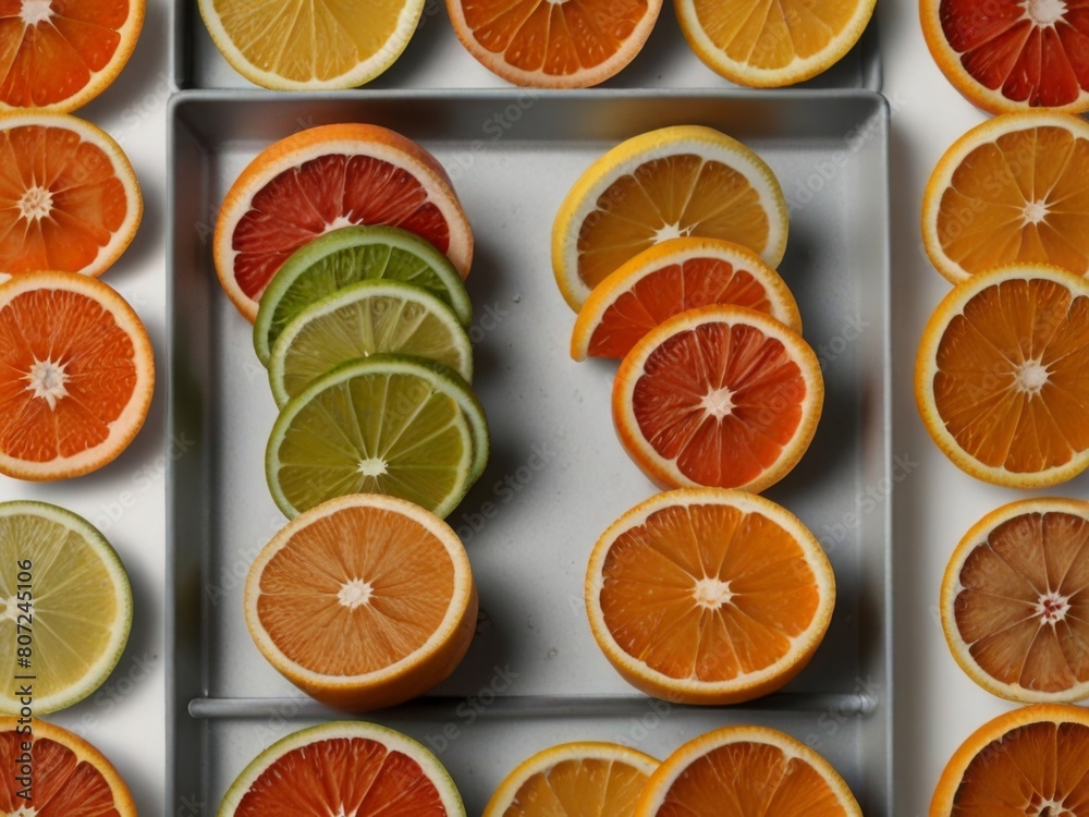 Slices of fresh citrus fruit including lemons, lines, grapefruits and oranges on a white background, top view Slices of fresh citrus fruit including lemons, lines, grapefruits and oranges on a white background, top view