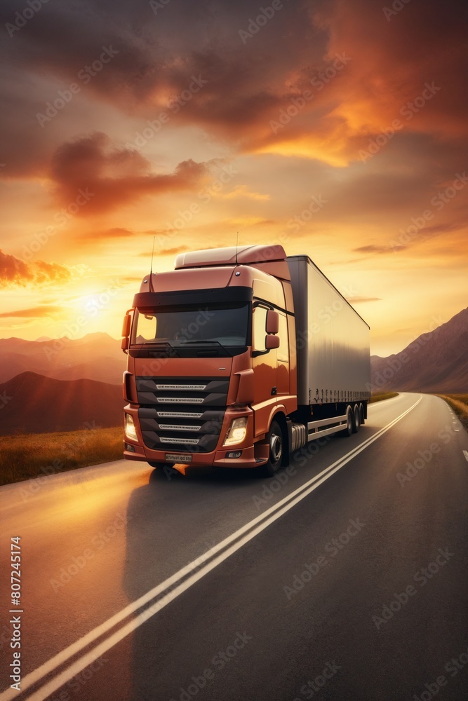 European truck vehicle on motorway with dramatic sunset light. Loaded European truck on highway in beautiful dusk light. On the road transportation and cargo. International logistic