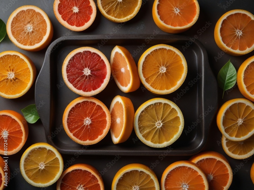 Slices of fresh citrus fruit including lemons, lines, grapefruits and oranges on a white background, top view Slices of fresh citrus fruit including lemons, lines, grapefruits and oranges on a white background, top view
