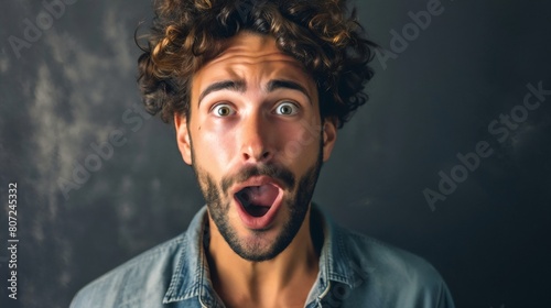 Portrait of Surprised young adult Latin American man on grey background. Male stunned and shocked look, with big eyes, mouth open and jaw dropped. Unexpected shocking news. Surprise and shock photo